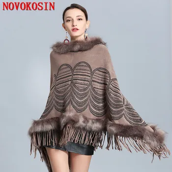 2019 Winter Knitted Poncho Cape Fur Loose Pullover Women Long Triangle Faux Cashmere Plus Size Round pattern Sweater Shawl plus size fringed zigzag poncho sweater