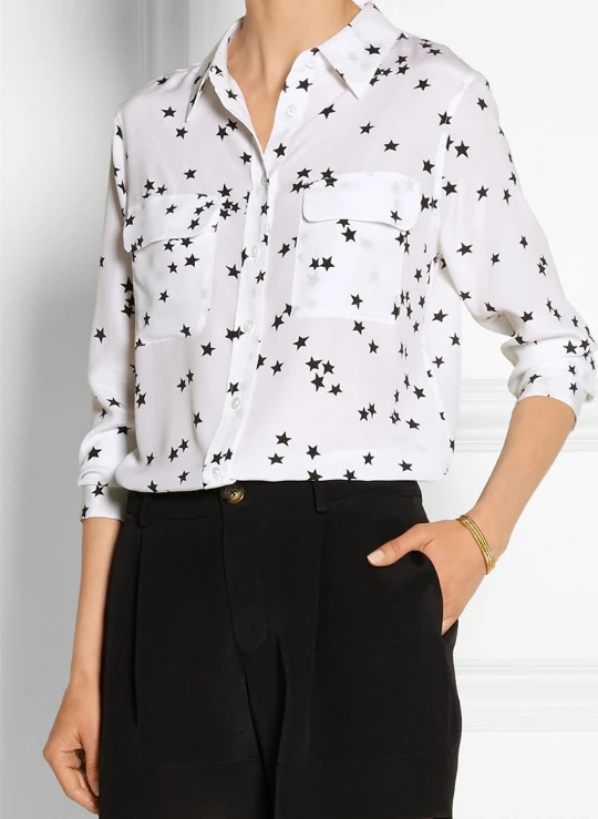 

Women Silk Star Print Blouses 2019 Autumn White Black Blue Long Sleeve Tops Shirts