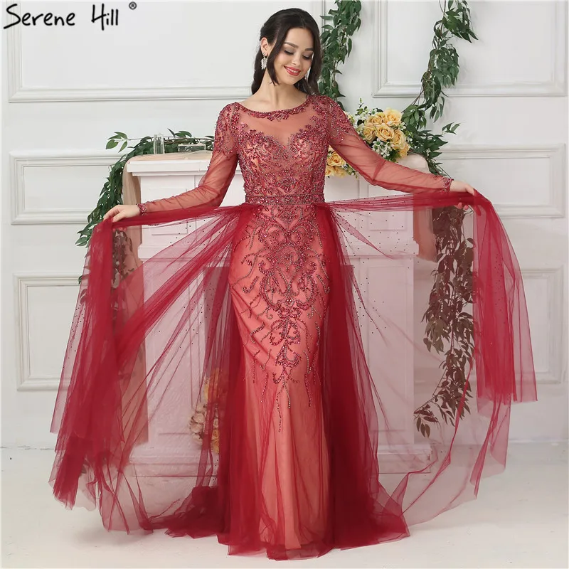 Цвет красного вина с украшением в виде кристаллов, роскошное вечернее платье Модная одежда с длинными рукавами со шлейфом вечернее платье настоящая фотография LA6641