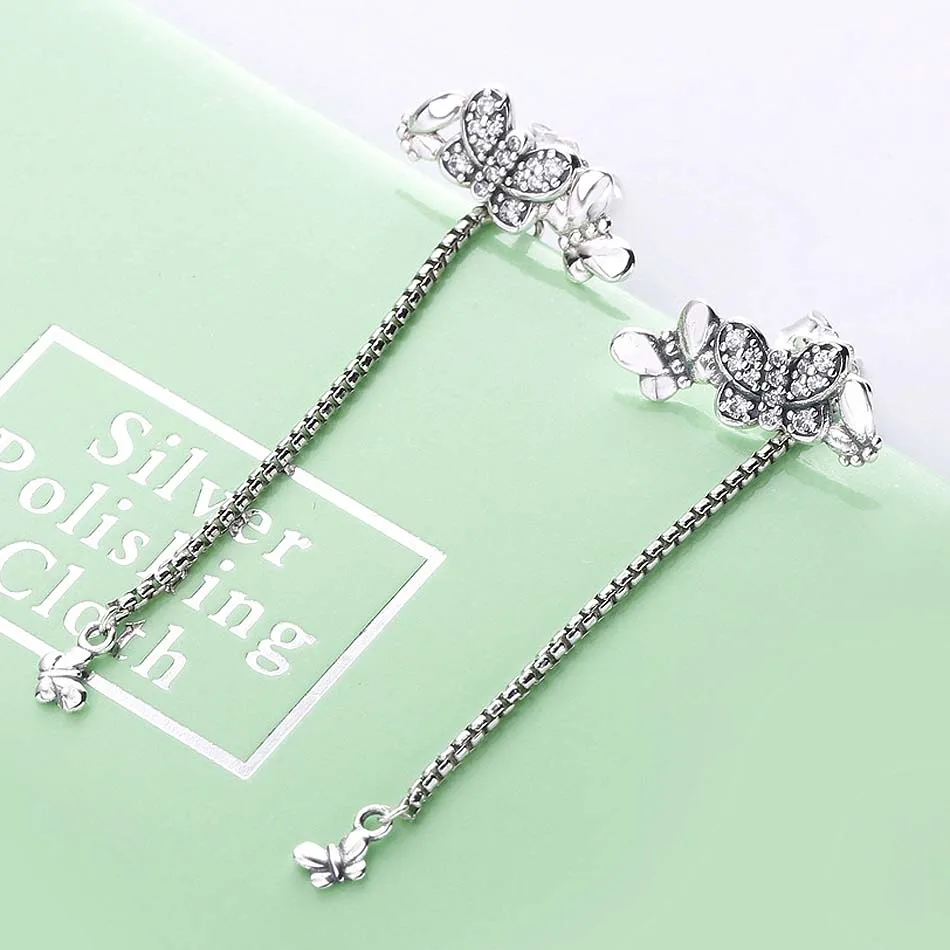 

Authentic 925 Sterling Silver Earring Pave Butterflies With Crystal Hanging Earrings For Women Wedding Gift Fine Pandora Jewelry