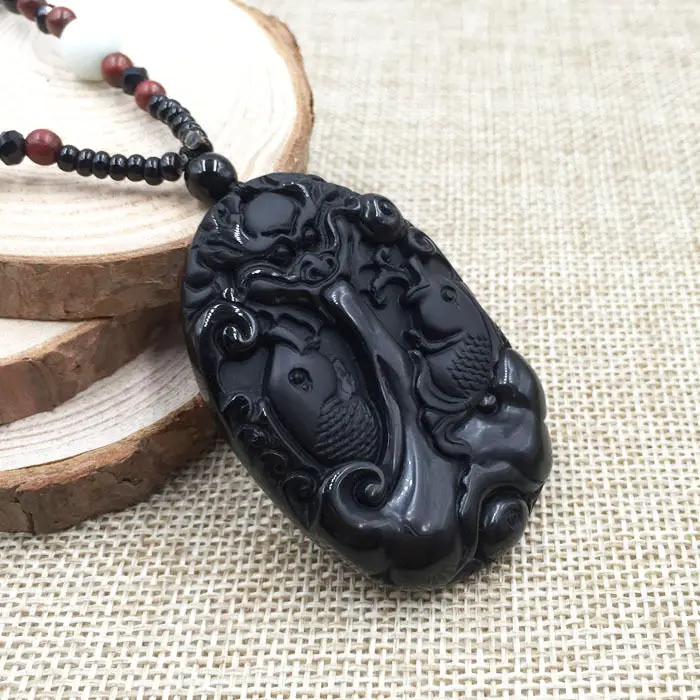 

A-81 Vintage China Hand-Carved Dragon-Fish Natural Grade A Obsidian Jade Pendant