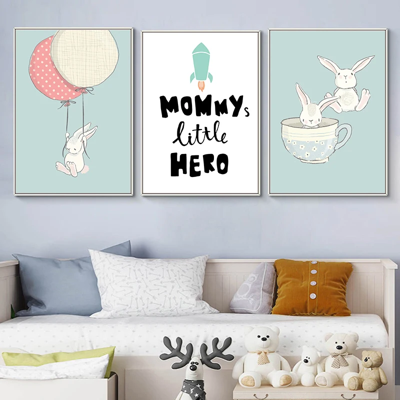 

Kids Room Cartoon Poster Rabbit Painting Balloon Wall Art Baby Room Picture Nordic Canvas Art Quotes Posters And Prints Unframed