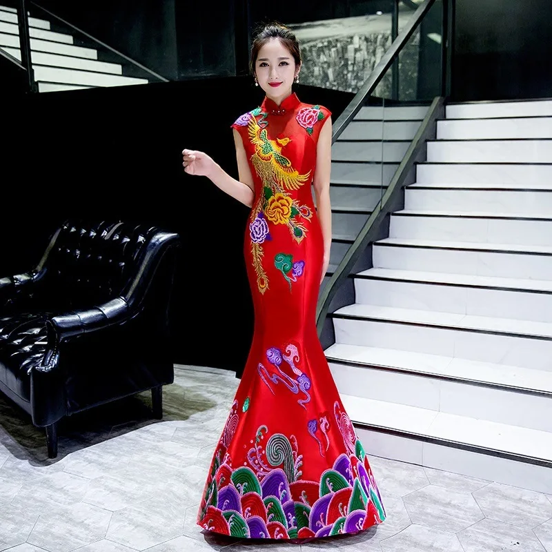 Восточный вечер платье китайский стиль Мода Феникс вышитое платье-чанпао пикантное длинное Русалка Cheongsams Vestidos s-xxl - Цвет: red