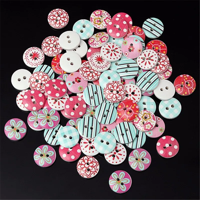 Wholesale 100Pcs 2 Holes Buttons Mixed Printing Round Pattern Wood Buttons Scrapbooking 15mm DIY Sewing Buttons Home Decor Tools (2)