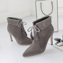 New Winter Real Leather Pointed Toe Stiletto Lace Up Tassel Gray font b Women b font