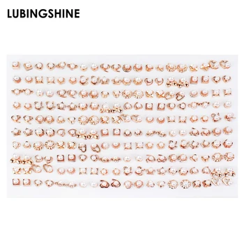 

100Pairs/Set Mix Style Heart Pearl Stud Earrings Set Gold Silver Color Crystal Star Crown Earings For Women Girl Fashion Jewelry