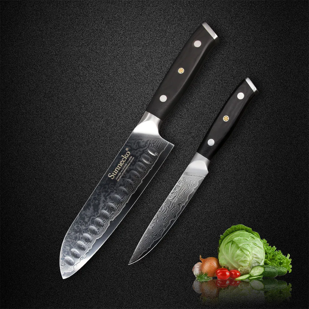 

Sunnecko 2PCS Kitchen Knife Set Utility Santoku Chef Knives Japanese Damascus VG10 Steel Sharp G10 Sanding Handle Cutting Tools