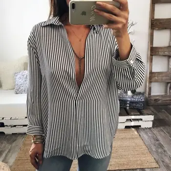 

Fashion Summer Women's Casual Striped Cotton Loose Long Sleeve Blouse Shirts Ladies VNeck Shirt Outfit Tops Clothes Sunsuit New