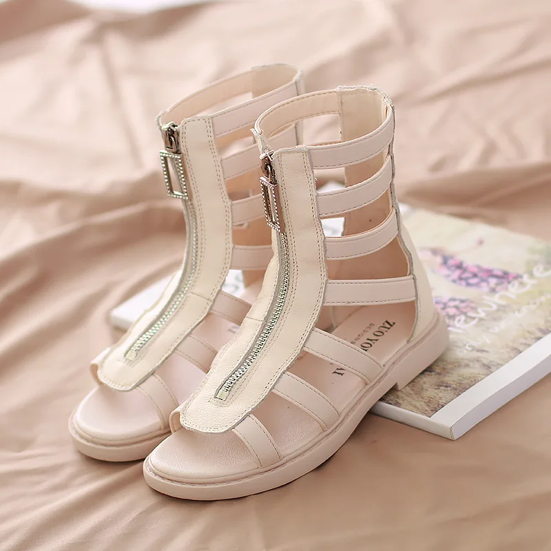 MHYONS/обувь в римском стиле для девочек; коллекция года; новые летние детские сапоги; корейские кожаные сапоги на молнии спереди; детские высокие сапоги - Цвет: Бежевый