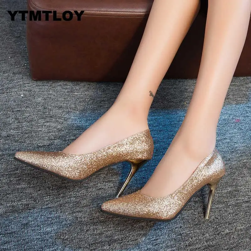 

HOT Sequins Pointed Toe Shoes Women Pumps Woman Luxury Bling High Heels Female Ladies Sexy Party Wedding Golden Gold Heel 2019