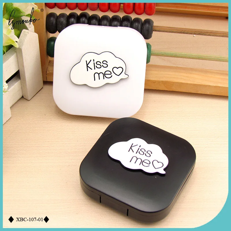 

Lymouko New Design Cute Kiss Me Clouds Black White Portable Contact Lens Case with Mirror Kit Container Lenses Box for Women