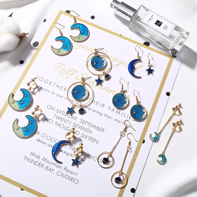 

2019 New Korean Japan Lovely Blue Universe Planet Star Moon Rocket Aircraft Stud Earrings for Women Girl Gift