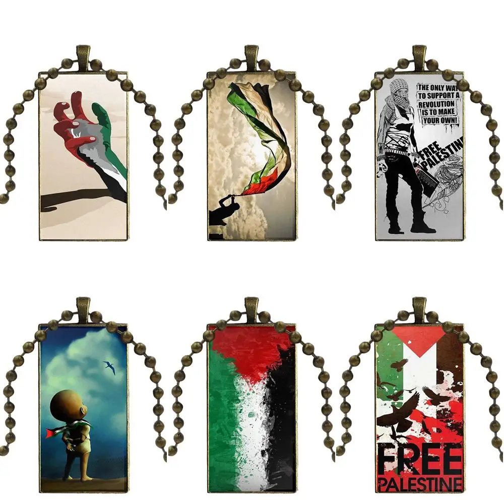 

Palestinian Palestine National Flag Glass Cabochon Choker Pendant Rectangle Necklace Bronze Color Jewelry For Christmas Gift