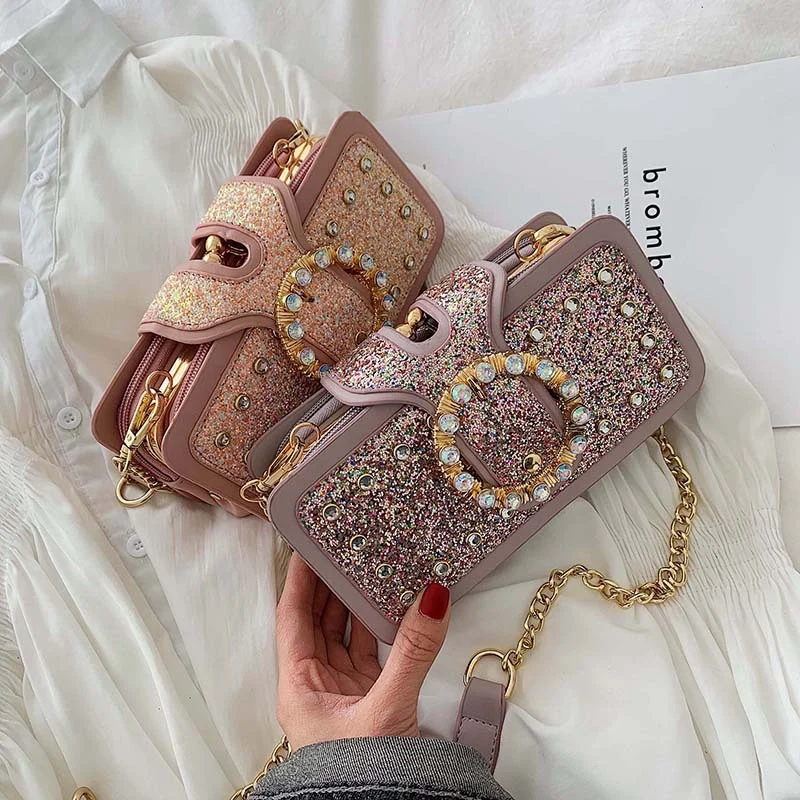 

AUAU-Sequin Diamond Small Square Bag Trend Fashion Bag Ladies Chain Shoulder Bag
