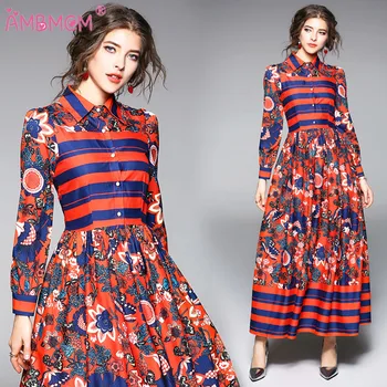 

High Quality New 2018 Spring Fashion Runway Dresses Women's Sleeve Printed Red Vintage Dress AMBMCM