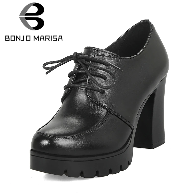 

BONJOMARISA 2019 Sexy Genuine Leather Lace Up Platform Women Shoes Lady Elegant High Heels Party Office Shoes Woman Pumps