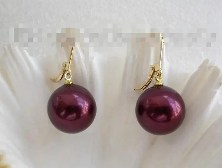

Free Shipping >> stunning big 16mm round purple south sea shell pearl dangle earrings 14K m536