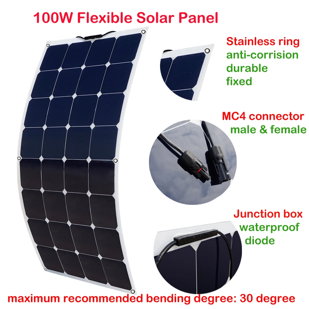 100 Вт 18 в монокристаллическая Гибкая солнечная панель для каравана, яхты, дома, велосипеда