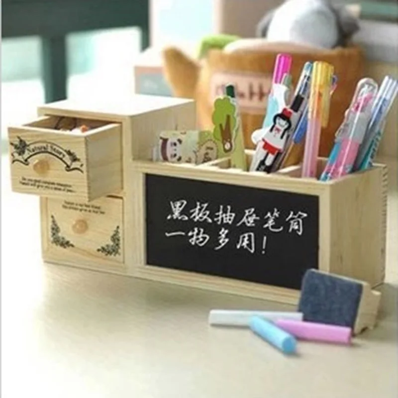 

Student Cute Fashion Wooden Pencil Case Pen Holder Pencil Container with Drawer Blackboard For Kids School Supplies 009