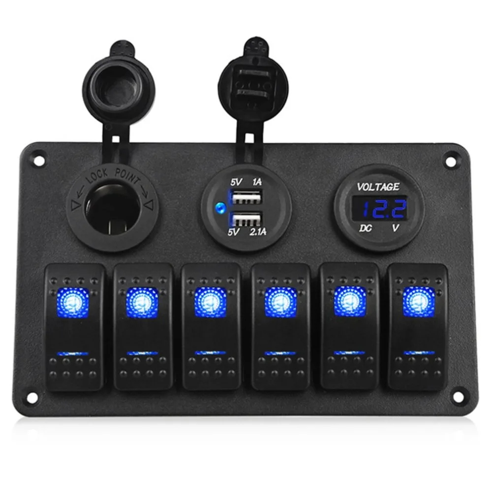 

6 Sets Blue LED Waterproof Switch Panel + Cigarette Lighter + Dual USB Charging Stand + Red Voltmeter