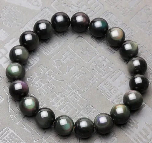 

Genuine Natural Black Obsidian Bracelets Gemstone Rainbow Light Round Beads Stretch 8mm Man Lady AAAAA