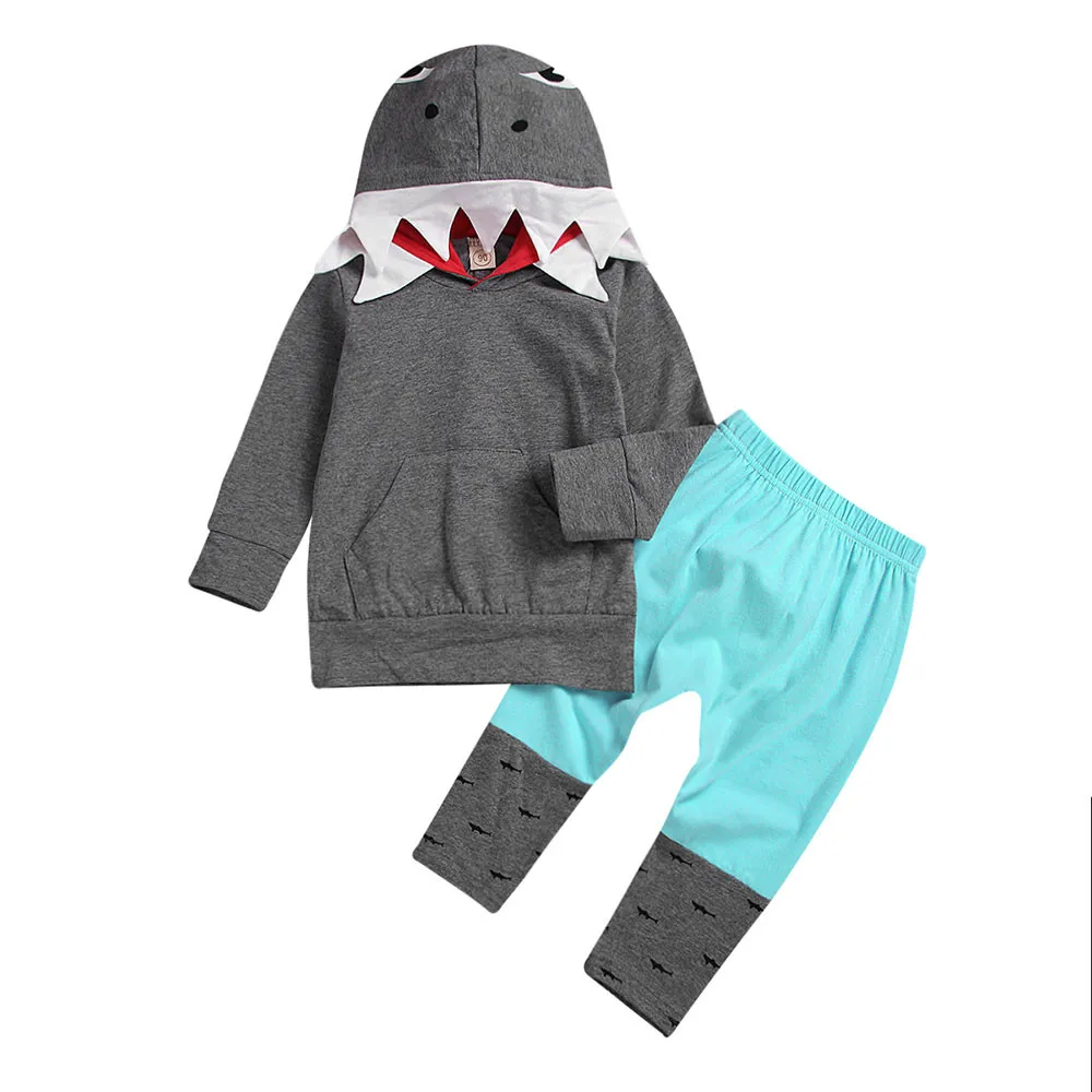 Комплект из 2 предметов для маленьких мальчиков и девочек, стильная толстовка с объемным рисунком акулы, футболка в стиле пэчворк топы с карманами+ штаны с принтом осенний комплект одежды