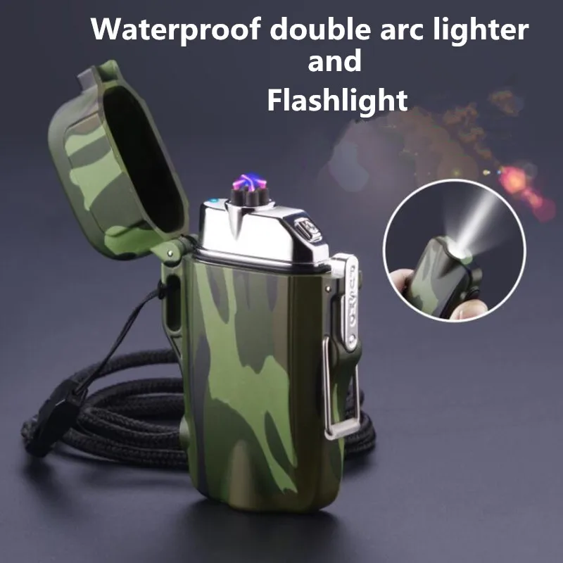 

USB charging Windproof Plasma Double Arc Cigarette Lighter and Waterproof Flashlight For Outdoor Camping Sports cigar Lighters