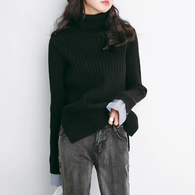

Women Turtleneck Sweater Fall Winter Knitted Jumper With Shirt Cuffs Black