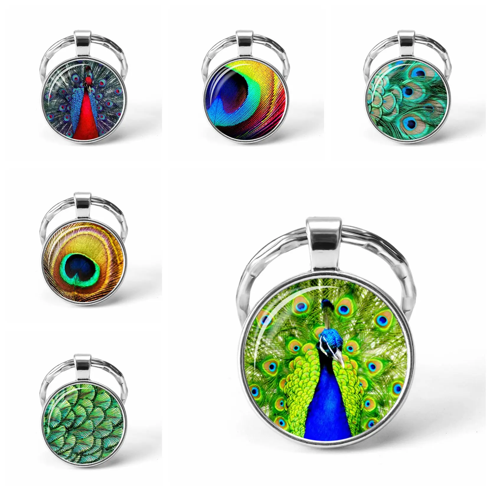 

2019 Beautiful Peacock Keyring Glass Cabochon Keychain Women Bag Key Ring Handmade Silver Color Pendant Key Holder Jewelry Gift