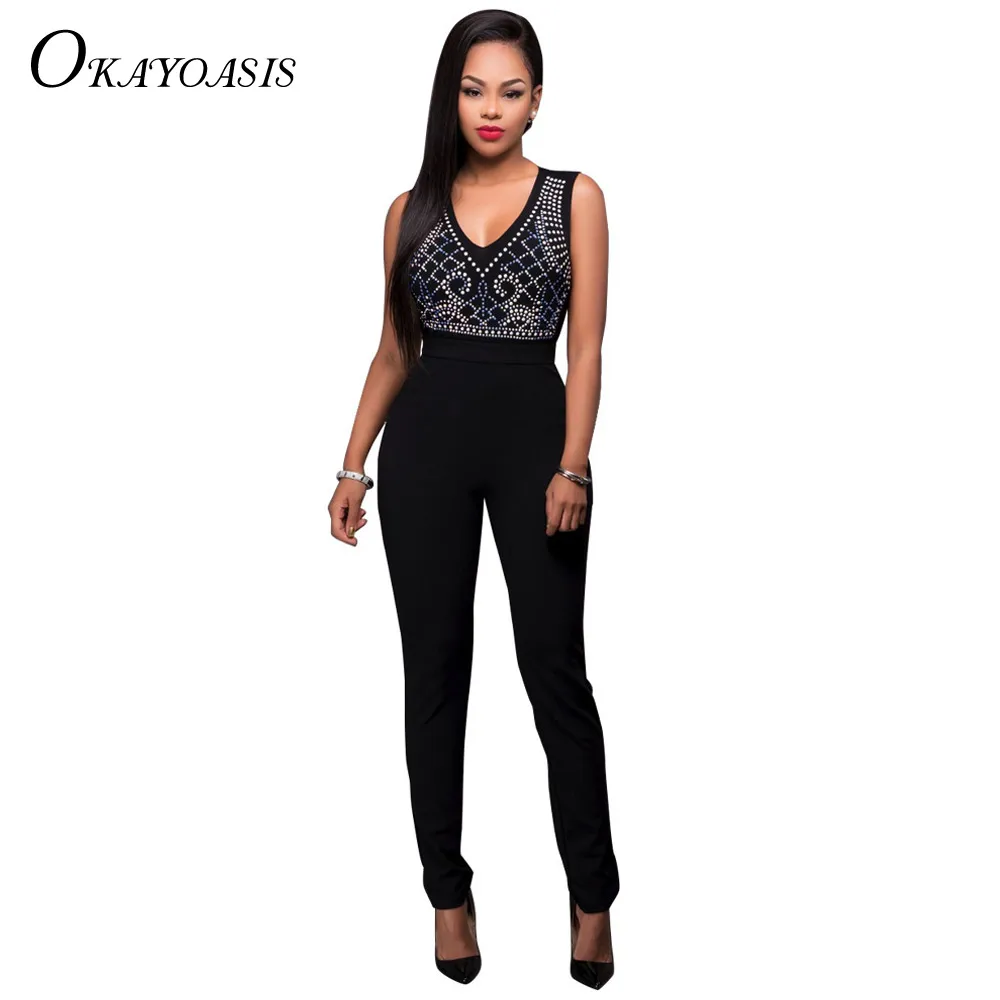 OKAYOASIS Sexy Bodycon Jumpsuits 2017 New Fashion Sleeveless Mesh
