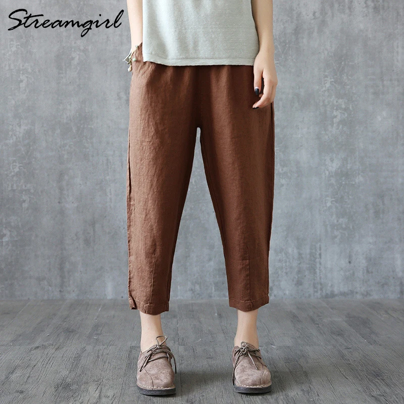 Vintage Women Linen Pants Plus Size 2019 Summer Pant Capris Loose Thin Fabric Cotton Solid Color Harem Women|Брюки |
