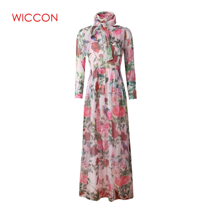 WICCON Новое модное женское платье с принтом розы Vestidos элегантное пляжное шифоновое длинное платье повседневное винтажное весенне-летнее платье с круглым вырезом