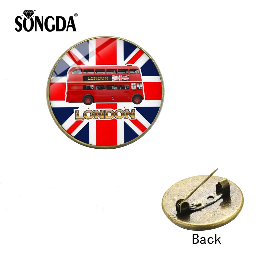 

SONGDA 2019 Trendy Old London Double Decker Bus Brooch British Flag Travel Red Bus Van Round Silver Bronze Pins Wanderlust Badge