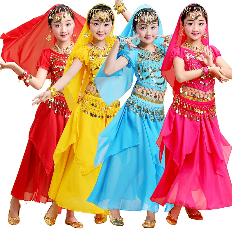 

Girls Bollywood Dance Costume Set Kids Belly Dance Indian Sari Children Chiffon Outfit Halloween Top Belt Skirt Veil Headpiece