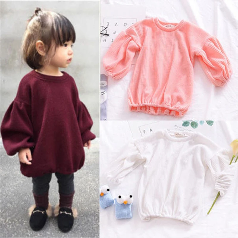 

Toddler Baby Girls Fashion Sweet Lovely Sweaters 4 Style Long Lantern Sleeve O-Neck Pullover Solid Tops Outfit Spring Autumn