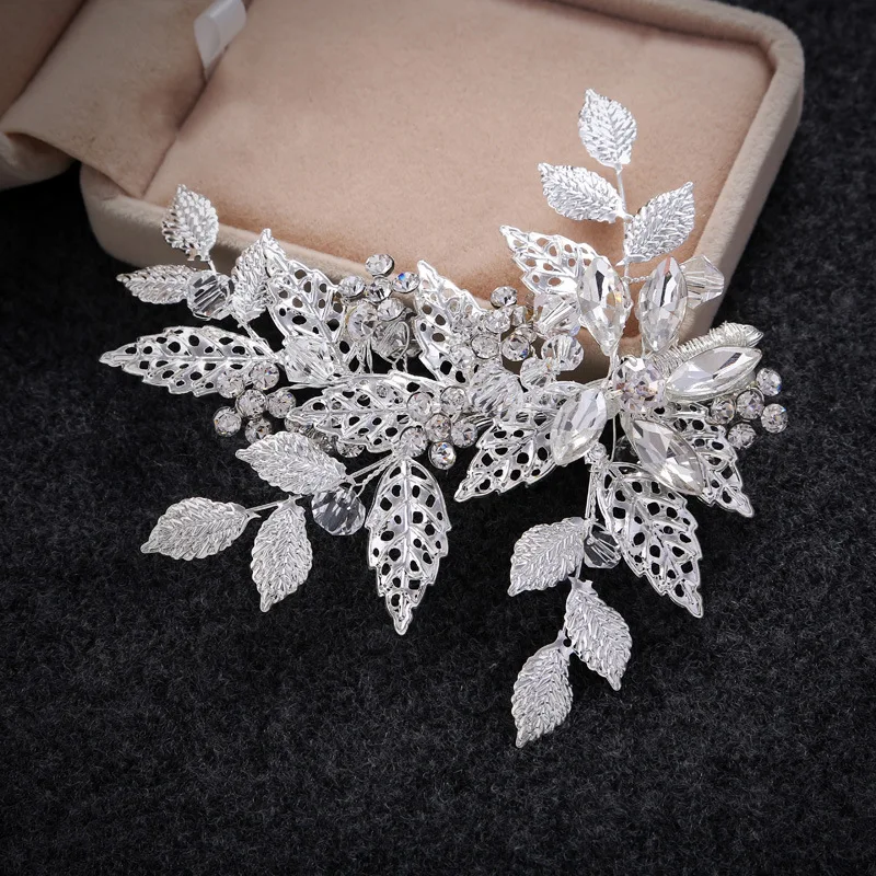 

Handmade Vintage Bridal Silver Leaf Hair comb Wedding Accessories Rhinestone Headpiece Women Party Headdress hair accessory