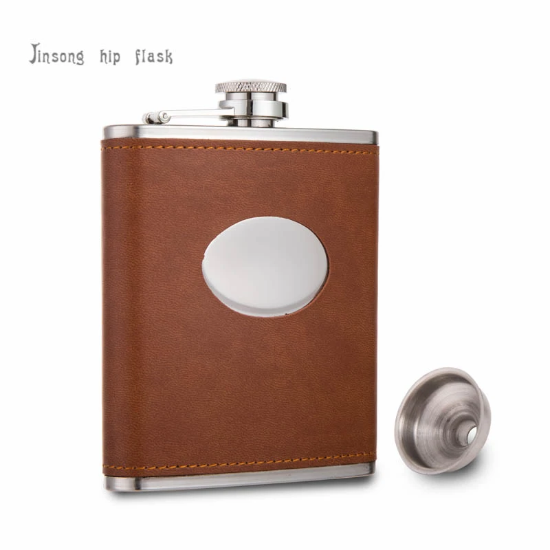 2017 NEW 7 oz personalized brown leather wrapped stainless steel hip flask with funnel