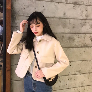 

3 colors Women autumn and winter preppy style short warm wool Coat Female outwear long sleeve solid color jacket womens (X995)