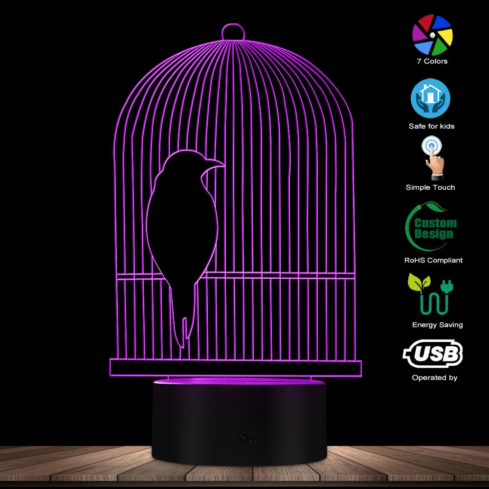 Bird Cage 3D Optical illusion Desk Lamp LED Night Light Bird Decorative