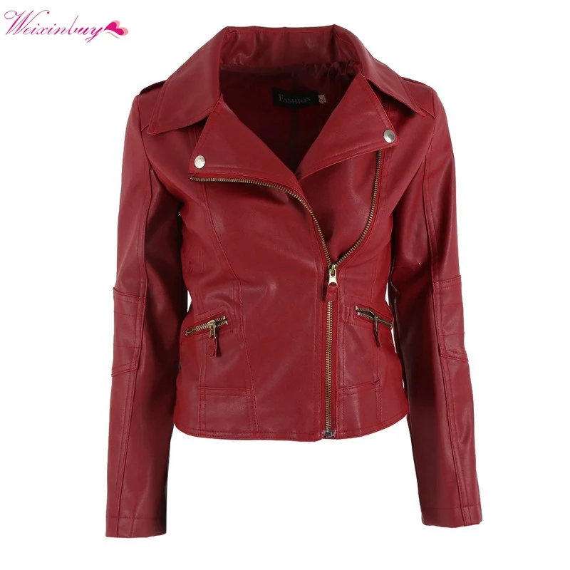 WEIXINBUY 2017 Fashion Women Leather Motorcycle Zipper Collar Punk Coat Biker Jacket Outwear Newest Black Red Female Jacket Coats