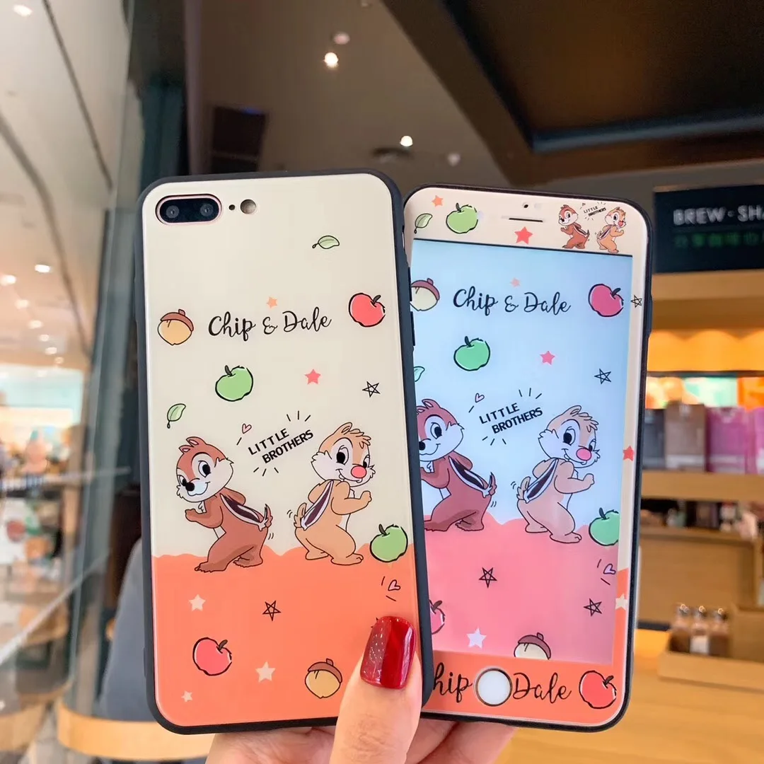 

Chip Dale Stitch Pattern Glass Hard Phone Case+Screen Protector Tempered Glass For iPhone 6 6s 7 8 Plus XR X XS Max 9H 3D