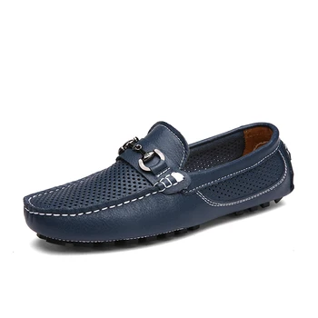 

GOXPACER Summer Men Shoes Metal Buckle Men Flats Driving Genuine Leather Shoes Fashion Male Breathable British Style Comfortable