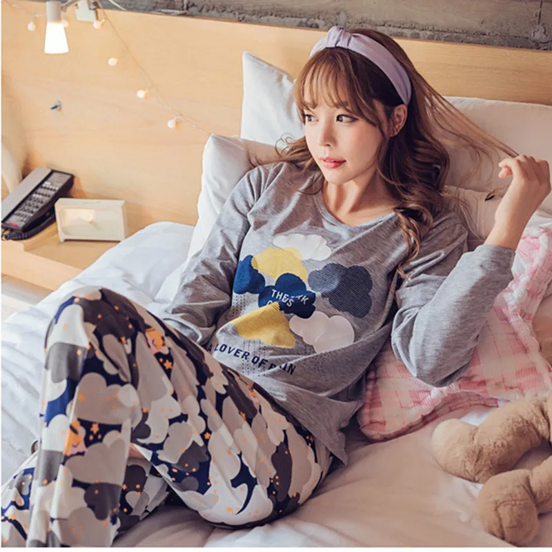 

Womens Pajamas Sets 2019 Summer Round Neck Cartoon sleepwear long sleeve trousers pajamas sets Lovely home clothe Leisure wear