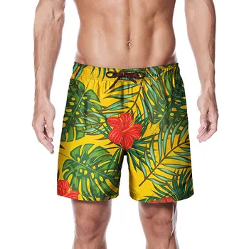 

Summer Men Quick Dry Elastic Waist Beach Shorts Mens Casual Trunks Bathing Beach Wear Vegetation Print Swimming Surfing Shorts