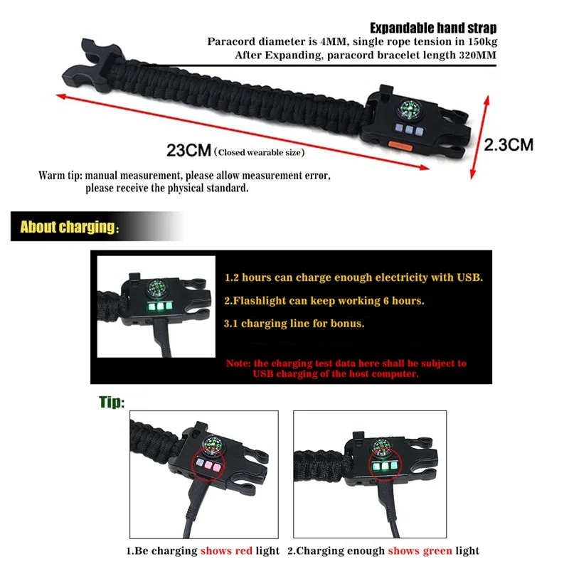 7 в 1 открытый многофункциональный браслет для выживания, Паракорд с Лазерные фонарики компас расширяемый Ремешок цепи веревки 21-0040
