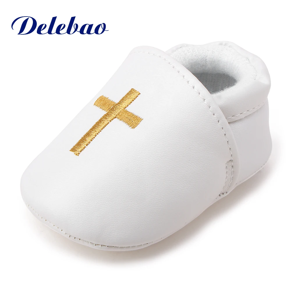 Shawbao-chaussures blanches de baptême | Croix dorée pour nourrissons, bébé garçon et fille, chaussures à semelle souple, livraison uniquement aux états-unis