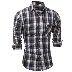 Новый Рубашки в клетку Для мужчин модные Повседневное с длинными рукавами и отложным воротником Подпушка рубашка узкого кроя Для мужчин