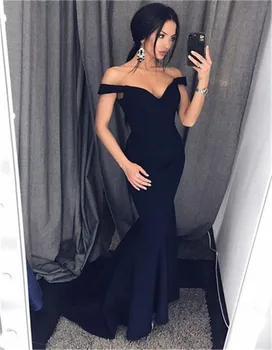 

New 2019 Mermaid Black Formal Women Dresses Boat Neck Off The Shoulder Long Dress Bridesmaid Cheap Satin Wedding Party Gowns