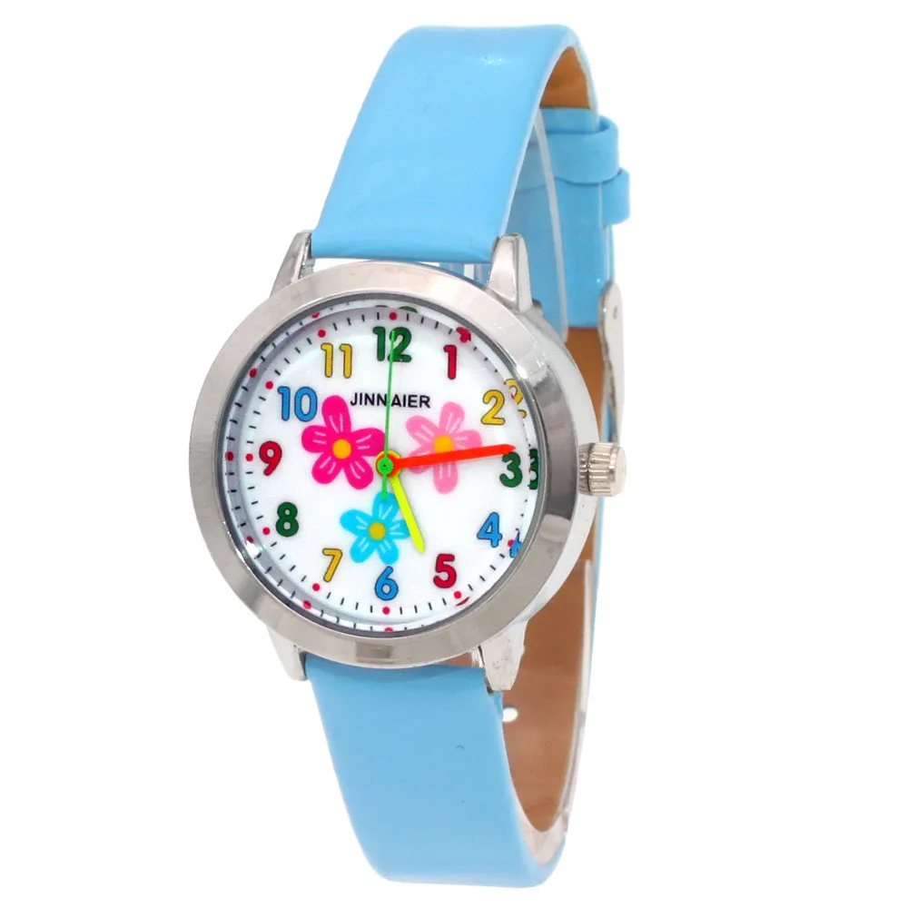 Детские часы; красивые цветы для маленьких девочек; кварцевые часы с циферблатом; высокое качество; повседневная кожаная одежда для детей; часы; детское платье; подарок - Цвет: Light blue