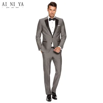 

Mens Wedding Suits Groom Tuxedos 2 Piece Sets Slim Fit Business Suit For Men Light grey Black Peak Lapel Party Suit Jacket Pants